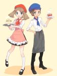  1boy 1girl :d apron beret black_footwear black_pants blue_headwear brendan_(pokemon) brown_hair closed_mouth commentary_request cup dress frills grey_apron grey_eyes hat holding holding_saucer holding_tray knees may_(pokemon) necktie niimura_(csnel) open_mouth pants pink_dress pokemon pokemon_(game) pokemon_oras saucer shirt shoes short_necktie sleeves_rolled_up smile socks standing steam teacup tray waist_apron white_shirt white_socks 