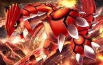  black_sclera claws commentary_request eruption gen_3_pokemon groudon legendary_pokemon legs_apart molten_rock no_humans open_mouth outdoors pokemon pokemon_(creature) rowdon sharp_teeth smoke standing teeth tongue volcano yellow_eyes 