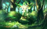  brown_eyes bush closed_mouth commentary_request day flower forest gen_4_pokemon grass leafeon looking_at_viewer nature no_humans outdoors pokemon pokemon_(creature) rock rowdon sitting tree 