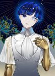  1other absurdres androgynous bangs blue_eyes blue_hair blunt_bangs collar colored_eyelashes crystal_hair flower gold golden_arms head_tilt heterochromia highres houseki_no_kuni looking_at_viewer phosphophyllite phosphophyllite_(ll) short_hair solo tarantulaines upper_body white_eyes 