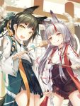  2girls :q animal_ears azur_lane bangs black_hakama brown_eyes cowboy_shot eorx fox_ears fox_tail gohei green_hakama hakama hakama_skirt highres hishaku japanese_clothes kamikaze_(azur_lane) ladle licking_lips long_sleeves looking_at_viewer matsukaze_(azur_lane) multicolored_hair multiple_girls open_mouth redhead rope shimenawa shrine silver_hair smile streaked_hair tail tongue tongue_out 