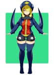  1girl bangs blonde_hair blue_legwear blush breasts closed_mouth commentary_request cosplay cynthia_(pokemon) fingernails full_body garchomp garchomp_(cosplay) gen_4_pokemon grey_eyes hair_over_one_eye jacket long_sleeves mituyota_76 pokemon pokemon_(game) pokemon_dppt shorts sleeves_past_wrists smile solo thigh-highs 