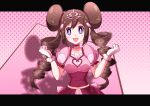  1girl :d bangs breasts brown_hair collarbone commentary_request double_bun dress drill_hair gloves hair_ornament hair_tie hands_up highres long_hair looking_at_viewer miyama-san open_mouth pokemon pokemon_(game) pokemon_bw2 pokestar_studios rosa_(pokemon) short_sleeves sidelocks smile solo tiara tied_hair tongue twin_drills violet_eyes white_gloves 