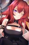  1girl absurdres arknights armband bangs bare_shoulders belt black_belt blush breasts character_name commentary hair_between_eyes highres horns long_hair looking_at_viewer medium_breasts one_eye_closed redhead solo surtr_(arknights) upper_body violet_eyes wakamepiza 