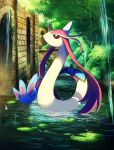  basculin bush commentary_request day gen_3_pokemon gen_5_pokemon lily_pad milotic no_humans outdoors pokemon pokemon_(creature) rowdon tree water 