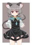 1girl animal_ears bangs black_dress blue_capelet border bright_pupils capelet chups closed_mouth dress eyebrows_visible_through_hair grey_background grey_hair hand_on_hip highres jewelry long_sleeves looking_at_viewer mouse mouse_ears mouse_tail nazrin pendant red_eyes short_hair simple_background solo tail touhou white_border white_sleeves 