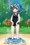  1girl bare_arms blue_hair blush bush commentary_request day goggles goggles_on_head grass green_eyes highres hyou_(hyouga617) lana_(pokemon) one-piece_swimsuit open_mouth outdoors outline pants pants_removed pokemon pokemon_(game) pokemon_sm shiny shiny_skin short_hair solo swimsuit tongue tree wet 