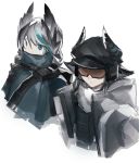 2girls arknights bandolier black_hair blue_eyes cape cow_horns feather_hair goggles grey_hair hat high_collar highres horns iwis long_jacket multiple_girls pith_(arknights) pointy_ears touch_(arknights) white_background 