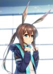  1girl amiya_(arknights) animal_ears arknights bangs blue_eyes blue_jacket brown_hair clenched_hands commentary_request eyebrows_visible_through_hair hair_between_eyes hands_up irori_(irorixc) jacket jewelry long_hair long_ponytail long_sleeves neck_ring ponytail rabbit_ears ring shirt sidelocks solo upper_body white_shirt 