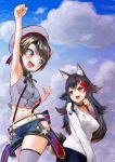  2girls :3 :d animal_ear_fluff animal_ears arm_up armpits beret black_hair blue_eyes blush bow bowtie breasts clenched_hands clouds cloudy_sky commentary_request cowboy_shot day grey_legwear hair_ornament hat highres hip_vent hololive long_hair long_sleeves looking_at_another medium_breasts midriff multicolored_hair multiple_girls navel ookami_mio oozora_subaru oozumi_03 open_mouth paw_print redhead shirt short_hair short_shorts shorts sky sleeveless sleeveless_shirt smile streaked_hair suspender_shorts suspenders thigh-highs virtual_youtuber wolf_ears yellow_eyes 