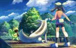  1girl bare_arms bike_shorts black_legwear clouds commentary_request day fanny_pack gen_3_pokemon gloves grass green_bandana kecleon kneepits linoone may_(pokemon) outdoors pokemon pokemon_(creature) pokemon_(game) pokemon_emerald pokemon_rse rowdon shiny shoes sky sleeveless standing tongue tongue_out tree 