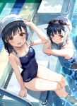  2girls arm_up bare_arms bare_legs bare_shoulders black_hair blue_swimsuit breasts brown_eyes caustics collarbone covered_navel goggles goggles_on_head hair_ornament hairclip highres huwali_(dnwls3010) long_hair looking_at_viewer multiple_girls one-piece_swimsuit open_mouth original poolside school_swimsuit siblings small_breasts smile swim_cap swimsuit thighs twins water wet 