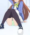  1girl amamiya_mimori arm_support arm_up black_footwear black_legwear blazer blue_jacket blush boots bow breasts brown_hair commentary_request dress green_bow green_panties head_out_of_frame jacket knees_together_feet_apart knees_up long_hair momio open_blazer open_clothes open_jacket panties parted_lips shadowverse_(anime) sitting small_breasts solo sweat thigh-highs underwear very_long_hair white_dress 