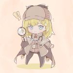  !! 1girl blonde_hair blue_eyes chibi commentary detective highres holding_magnifying_glass hololive hololive_english medium_hair metaru open_hand solo stethoscope virtual_youtuber watson_amelia 
