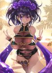  1girl armlet black_swimsuit double_v fate/grand_order fate_(series) flower gloves gold_trim hair_flower hair_ornament hair_up half_gloves highleg highleg_swimsuit karateka_(baromaru) murasaki_shikibu_(fate) murasaki_shikibu_(swimsuit_rider)_(fate) one-piece_swimsuit shawl single_thighhigh solo swimsuit thigh-highs tied_hair v 