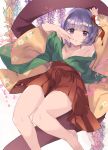  1girl :o armpits arms_up bangs bare_legs barefoot breasts collarbone eyebrows_visible_through_hair floral_print flower foot_out_of_frame hair_flower hair_ornament hand_on_own_cheek haya_taro_pochi hieda_no_akyuu highres japanese_clothes kimono knees_together_feet_apart looking_at_viewer medium_breasts medium_hair open_clothes open_kimono petals pleated_skirt purple_hair red_skirt skirt thighs touhou violet_eyes wide_sleeves wisteria 
