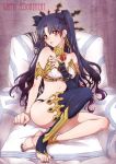  1girl armlet bare_shoulders black_hair blush breasts bridal_gauntlets crown earrings fate/grand_order fate_(series) hair_ribbon hoop_earrings ishtar_(fate)_(all) ishtar_(fate/grand_order) jewelry kanoe_youshi long_hair looking_at_viewer navel red_eyes ribbon single_thighhigh solo thigh-highs toeless_legwear two_side_up 