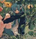  1girl barefoot black_jacket blue_eyes blue_hair blue_shorts closed_mouth flower from_side jacket ka_(marukogedago) leg_hug long_hair long_sleeves looking_at_viewer looking_to_the_side open_clothes open_jacket original shirt shorts sitting solo white_shirt yellow_flower 