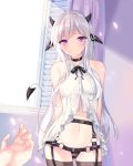  1girl absurdres arms_behind_back blush choker collarbone curtains demon_girl demon_horns demon_tail eris_(yaya_chan) garter_straps highres horns indoors looking_at_viewer navel original parted_lips pov pov_hands slit_pupils solo_focus standing sunlight tail thigh-highs violet_eyes white_hair window yaya_chan 