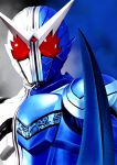 1boy 4ze_meteor armor blue_background close-up highres kamen_rider kamen_rider_double kamen_rider_w looking_down male_focus red_eyes solo tokusatsu v-fin white_background 