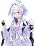  1girl absurdres ahoge bangs black_gloves blush breasts fate/grand_order fate/prototype fate_(series) fingerless_gloves gloves highres long_hair long_sleeves looking_at_viewer medium_breasts merlin_(fate/prototype) simple_background smile very_long_hair violet_eyes white_background white_hair white_robe wide_sleeves yahan_(mctr5253) 