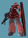  blue_background clenched_hand dated glowing glowing_eyes gun gundam holding holding_gun holding_weapon looking_ahead mecha mobile_suit_gundam moi_moi7 one-eyed pink_eyes redesign solo standing weapon zaku_ii_s_char_custom zeon 
