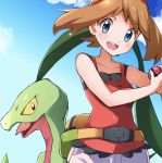  1girl bangs bare_arms blue_eyes blush brown_hair clouds collarbone commentary_request day eyebrows_visible_through_hair eyelashes fanny_pack floating_hair gen_3_pokemon grovyle hairband holding holding_poke_ball looking_at_viewer may_(pokemon) miyama-san open_mouth outdoors poke_ball poke_ball_(basic) pokemon pokemon_(creature) pokemon_(game) pokemon_oras red_hairband red_tank_top shorts sky tank_top teeth white_shorts 