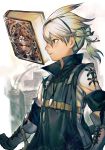  1boy blue_eyes book boots closed_mouth expressionless gauntlets gloves grimoire_weiss hair_ornament hairband hairclip hankuri high_collar hankuri katana long_sleeves looking_at_viewer male_focus nier nier_(series) nier_(young) profile short_hair short_ponytail simple_background solo standing sword weapon white_hair 