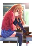  1girl aisaka_taiga alpaca_(alpaca00011) bangs between_legs black_legwear blonde_hair blue_skirt blurry blurry_background border brown_eyes brown_footwear closed_mouth desk hair_between_eyes hand_between_legs highres jacket loafers long_hair long_sleeves miniskirt on_desk oohashi_high_school_uniform outside_border pleated_skirt red_jacket school_uniform shiny shiny_hair shoes signature sitting sitting_on_desk skirt smile solo thigh-highs toradora! very_long_hair white_border zettai_ryouiki 