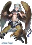  1girl animal_ears armpits bangs bare_shoulders bikini bikini_top black_bikini black_nails breasts brown_eyes centauroid chimera claws collarbone commentary_request eyebrows_behind_hair feathered_wings fingernails floating full_body grey_hair groin hair_between_eyes large_breasts lion_ears long_fingernails looking_at_viewer medium_hair midriff monster_girl navel ninnin_(shishitou) original parted_lips paws sidelocks simple_background snake solo swimsuit thick_eyebrows under_boob watermark white_background wings wristband 
