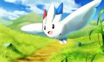  :d black_eyes clouds commentary_request day flying gen_4_pokemon grass happy mountain open_mouth outdoors pokemon pokemon_(creature) rock rowdon sky smile togekiss tongue wings 