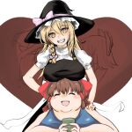  2girls bangs black_headwear black_vest blonde_hair blue_swimsuit blush bow braid breast_rest breasts breasts_on_head brown_hair candy chocolate closed_eyes commentary_request cookie_(touhou) cup fat food grin hair_between_eyes hair_tubes hakurei_reimu hat hat_bow heart heart-shaped_chocolate highres holding holding_cup kirisame_marisa large_breasts long_hair looking_at_viewer multiple_girls okasan01 open_mouth puffy_short_sleeves puffy_sleeves purple_bow red_bow reu_(cookie) shirt short_sleeves side_braid single_braid smile swimsuit touhou upper_body uzuki_(cookie) vest white_background white_shirt witch_hat yellow_eyes yunomi 