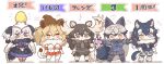  5girls :&gt; :3 animal_ear_fluff animal_ears arm_at_side arms_at_sides bangs bare_arms bird_tail bird_wings black_hair blonde_hair blue_eyes bow bowtie breast_pocket brown_eyes brown_hair cat_girl chibi closed_eyes detached_sleeves dress egg extra_ears eyebrows_visible_through_hair eyewear_on_head fang fang_out fox_ears fox_tail full_body fur-trimmed_sleeves fur_collar fur_scarf fur_trim glasses gloves golden_egg grey_hair grey_wolf_(kemono_friends) hair_between_eyes hand_on_hip head_wings heterochromia holding holding_weapon jacket kemono_friends lion_(kemono_friends) lion_tail long_hair long_sleeves medium_hair moose_(kemono_friends) moose_ears moose_tail multicolored_hair multiple_girls necktie object_on_head orange_eyes ostrich_(kemono_friends) outstretched_arms own_hands_together pantyhose parted_lips plaid plaid_neckwear plaid_skirt plaid_sleeves pocket scarf shirt short_sleeves sidelocks silver_fox_(kemono_friends) skirt sleepy smile spread_arms tail tanaka_kusao thigh-highs two-tone_hair weapon white_hair wings wolf_ears wolf_girl wolf_tail zettai_ryouiki 