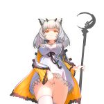  1girl absurdres animal_ears arknights bangs black_bow blush bow breasts bright_pupils closed_mouth coat commentary_request covering covering_crotch cowboy_shot dress eyebrows_visible_through_hair from_below grey_hair highres holding holding_staff impossible_clothes impossible_dress large_breasts long_hair long_sleeves looking_at_viewer looking_down open_clothes open_coat orange_eyes ptilopsis_(arknights) ruanle simple_background solo staff thigh-highs upskirt waist_bow white_background white_dress white_legwear white_pupils wide_sleeves 