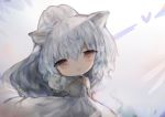  1girl :d animal_ears bangs bare_shoulders breasts brown_eyes character_request commentary_request cottontailtokki dress gloves grey_hair hair_between_eyes hand_up head_tilt heart high_ponytail highres looking_at_viewer open_mouth paw_gloves paws ponytail shadowverse sleeveless sleeveless_dress small_breasts smile solo white_dress white_gloves 