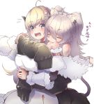  2girls ahoge animal_ears bangs bare_shoulders biting blonde_hair blush breasts closed_eyes detached_sleeves dress ear_clip eyebrows_visible_through_hair fur-trimmed_dress fur-trimmed_jacket fur_trim grey_hair hair_between_eyes hair_ornament hairclip hands_on_another&#039;s_arm hololive horns hug hug_from_behind jacket lion_ears lion_girl lion_tail long_hair looking_at_another looking_at_viewer looking_to_the_side moritatsu multiple_girls off-shoulder_jacket open_mouth sheep_girl sheep_horns shishiro_botan simple_background sleeves_past_fingers sleeves_past_wrists tail translation_request tsunomaki_watame upper_body violet_eyes virtual_youtuber white_background white_dress wool yuri 
