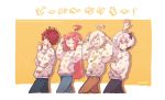  2boys 2girls ahoge androgynous bandaid bandaid_on_nose blue_pants brown_pants closed_eyes commentary crossed_arms denim finger_twirl flag flower_(vocaloid) from_side fukase hands_up index_finger_raised jeans long_hair looking_at_viewer mi_no_take multicolored_hair multiple_boys multiple_girls open_mouth pants pink_eyes pink_hair purple_hair red_eyes redhead sf-a2_miki short_hair smile standing streaked_hair sweater symbol_commentary translated twitter_username utatane_piko v_flower_(vocaloid4) vocaloid walking waving white_hair yellow_background 