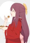  1girl aka_ringo bow closed_eyes eating food hair_bow hakama highres japanese_clothes kamikaze_(kantai_collection) kantai_collection kimono long_hair meiji_schoolgirl_uniform open_mouth pink_hakama purple_hair red_kimono solo takoyaki yellow_bow 