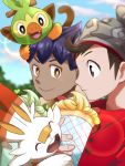  2boys bangs beanie blurry blurry_background brown_eyes brown_hair cable_knit closed_mouth clouds commentary_request dark_skin dark_skinned_male day fingernails gen_8_pokemon grey_headwear grookey hat highres holding hop_(pokemon) jerikuru_yasuda lens_flare looking_to_the_side multiple_boys on_head orange_eyes outdoors pokemon pokemon_(creature) pokemon_(game) pokemon_on_head pokemon_swsh purple_hair red_shirt scorbunny shirt sky smile victor_(pokemon) 
