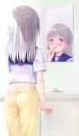  1girl bathroom blush brushing_teeth grey_hair highres indoors long_hair midriff mirror mirror_image na-ga open_mouth original pajamas panties pants pink_eyes school_uniform solo sweatpants toothbrush underwear 