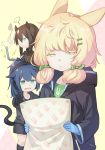  ... 3girls animal_ears aqua_eyes arknights bangs black_gloves blonde_hair blue_hair brown_hair cat_ears cat_tail gloves green_eyes hair_ornament hairclip headphones jessica_(arknights) kroos_(arknights) meteor_(arknights) multiple_girls short_twintails sio_(kurara) spoken_ellipsis tail twintails yellow_eyes 