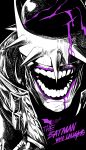  1boy absurdres batman_(series) character_name close-up dc_comics highres jin_rou laughing mask monochrome open_mouth solo spikes spot_color the_batman_who_laughs 