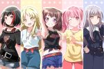  5girls ;) armpits bang_dream! bangs choker commentary_request eyebrows_visible_through_hair graphic_shirt heart heart_hands jewelry looking_at_viewer maruyama_aya midriff minato_yukina mitake_ran multiple_girls necklace one_eye_closed open_mouth pink_eyes pochita red_eyes smile toyama_kasumi tsurumaki_kokoro violet_eyes yellow_eyes 