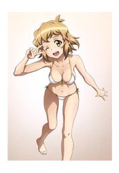  1girl absurdres bikini blush breasts chest_scar fujikawa_daichi highres light_brown_hair looking_at_viewer medium_breasts navel one_eye_closed open_mouth orange_eyes scar senki_zesshou_symphogear shiny shiny_hair shiny_skin short_hair smile solo standing swimsuit tachibana_hibiki_(symphogear) teeth v white_bikini 