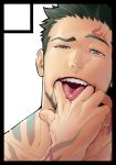  1boy bara beard black_hair close-up face facial_hair finger_in_mouth green_eyes gyee itto_(mentaiko) looking_at_viewer male_focus manly muscle priapus priapus_(gyee) red_pupils sexually_suggestive shirtless short_hair solo tattoo tongue 
