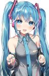  1girl :d bare_shoulders blue_eyes blue_hair blue_nails blue_neckwear breasts collarbone collared_shirt detached_sleeves grey_shirt hair_ornament hatsune_miku headphones headset highres holding kirisaki_shuusei long_hair looking_at_viewer medium_breasts nail_polish necktie open_mouth shirt sidelocks simple_background smile solo string string_of_fate tie_clip twintails vocaloid white_background 