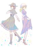  2girls bangs blonde_hair boots bow brown_eyes brown_hair capelet closed_mouth dress fedora full_body hat hat_bow high_heels highres looking_at_viewer maribel_hearn mob_cap moromoro multiple_girls purple_dress shoes simple_background smile standing standing_on_one_leg strappy_heels touhou usami_renko white_background yellow_eyes 