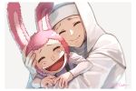  1boy 1girl animal_ears cheek-to-cheek closed_eyes commentary elle_chivas habit hug konjiki_no_gash!! long_sleeves momon_(konjiki_no_gash!!) nun otton pink_fur rabbit_ears simple_background smile twitter_username 