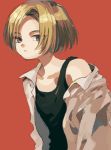  1girl black_camisole blonde_hair camisole closed_mouth grey_jacket jacket ka_(marukogedago) looking_at_viewer off-shoulder_jacket original red_background short_hair simple_background solo upper_body violet_eyes 