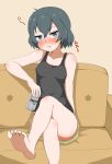  1girl bare_shoulders barefoot beer_can black_hair black_tank_top blue_eyes blush breasts can closed_mouth collarbone couch eyebrows_visible_through_hair feet highres indoors kaban_(kemono_friends) kemono_friends looking_at_viewer nyaru_(pixiv43108714) on_couch pout shiny shiny_hair shiny_skin short_hair shorts sitting small_breasts solo tank_top 